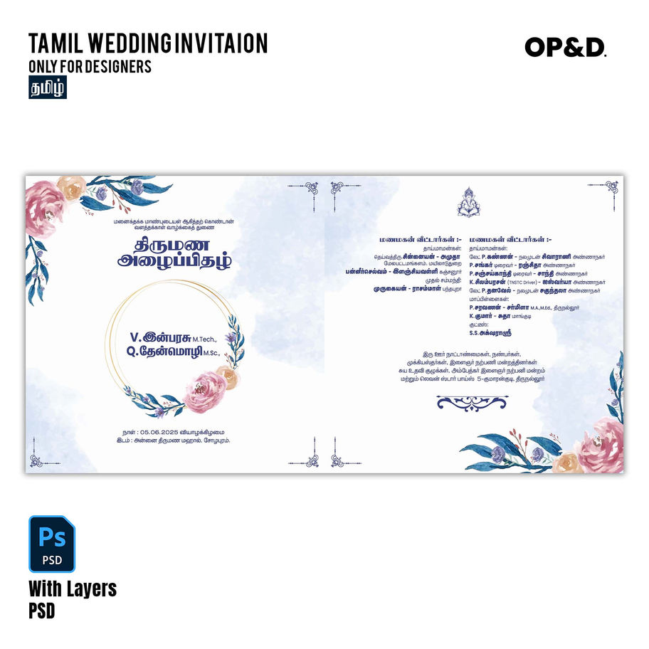 Tamil wedding invitation PSD template featuring elegant blue floral watercolor artwork for a beautiful wedding card