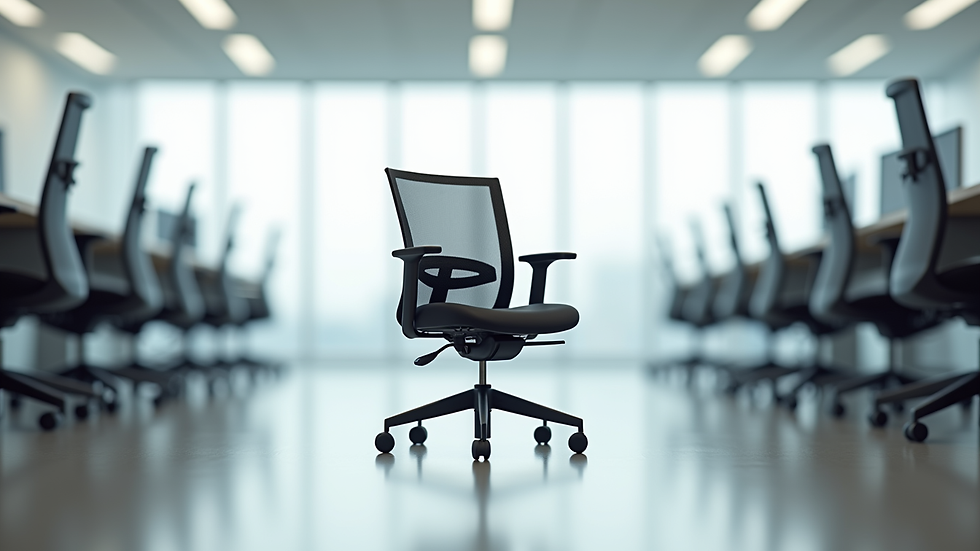 Eye-level view of a mesh office chair in a bright room