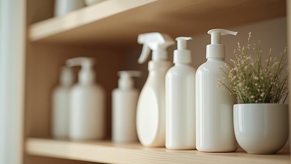 Close-up view of eco-friendly cleaning products arranged on a shelf