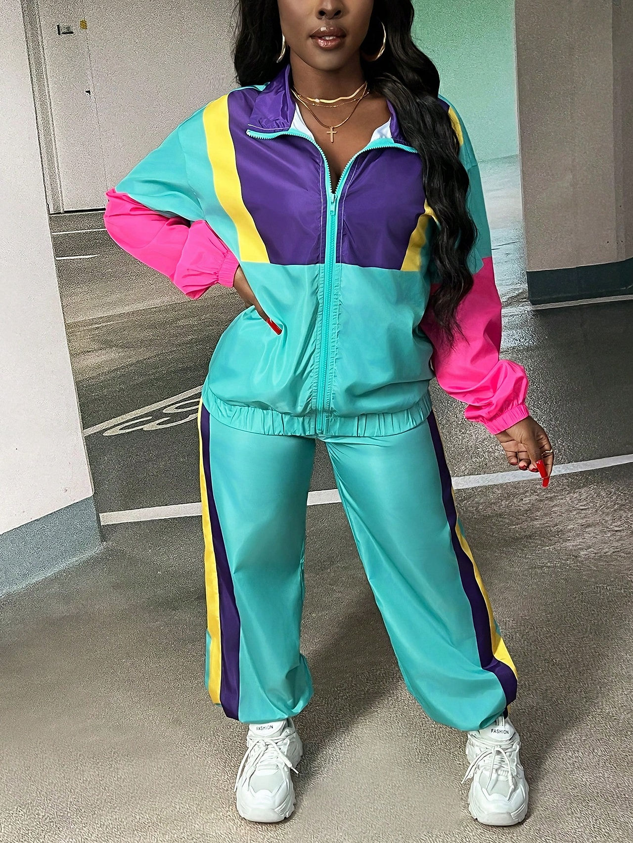 Malibu Rush costume – retro tracksuit in turquoise, purple, pink and yellow