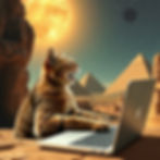Tabby catgirl laghs while reading her review on a laptop in a desert with pyramids (inspired by Giza), glowing moon, and ancient statues under a starry sky.