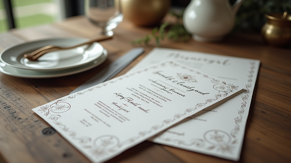 Close-up view of elegant wedding invitation suite on rustic wooden table