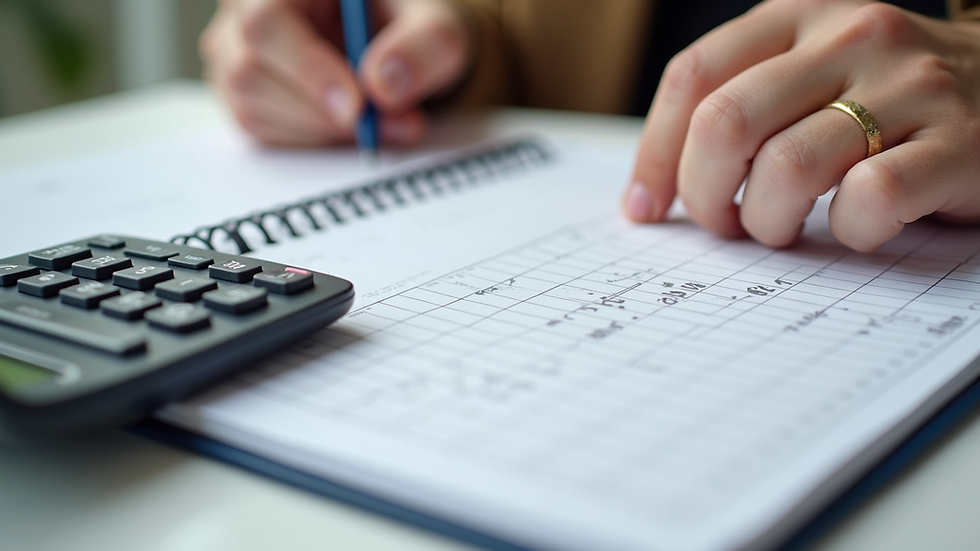 Close-up view of a wedding budget planner with notes and calculator