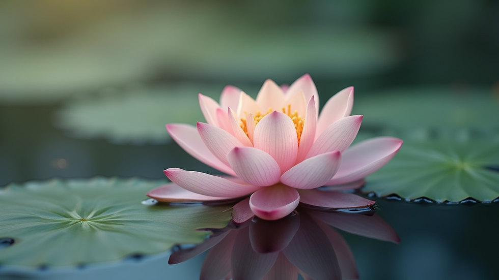 Close-up view of a single blooming lotus flower on calm water