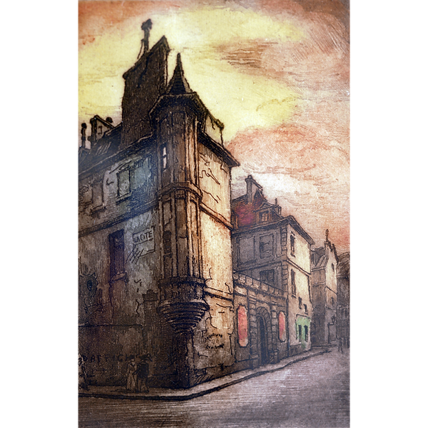Tinted etching of historic Paris