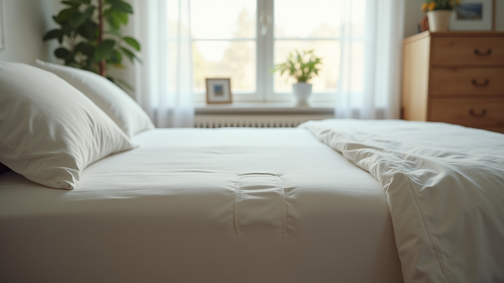 Eye-level view of a neatly made bed with a TED mattress in a bright bedroom