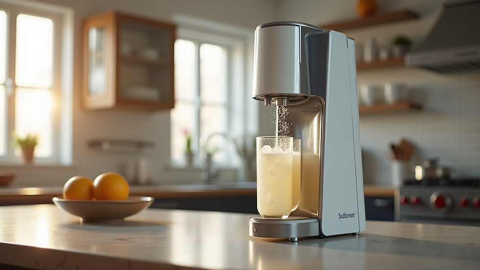 Eye-level view of SodaStream machine on kitchen counter