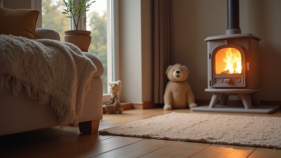 Eye-level view of a cozy living room with modern heating system