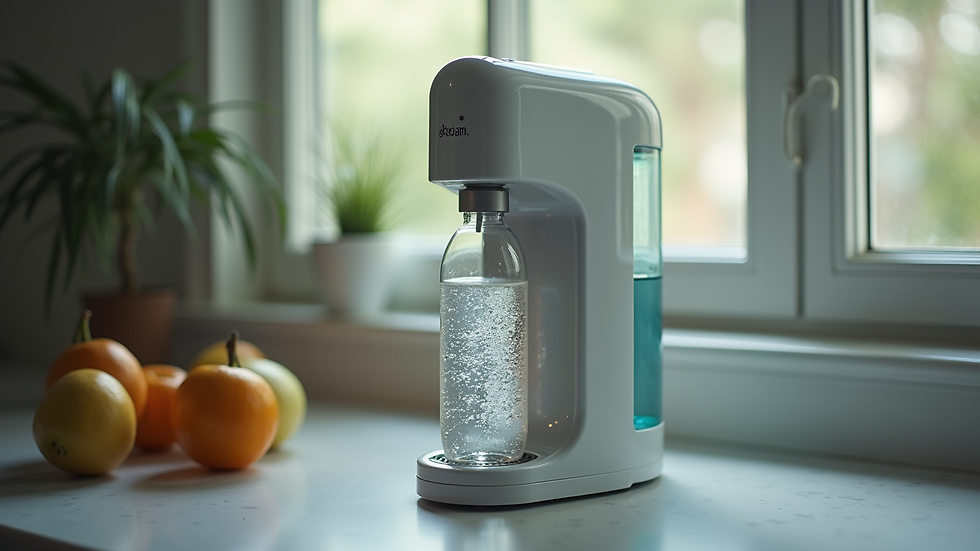 Eye-level view of a SodaStream machine with a sparkling water bottle attached