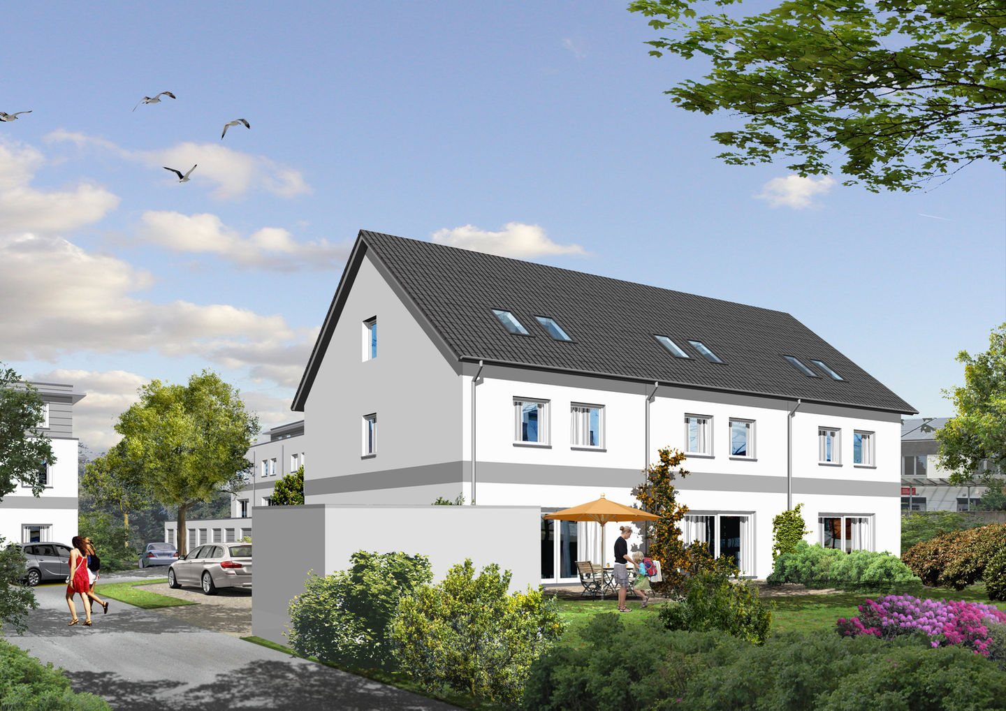 Lustadt 3 RH - Gartenseite mit Garagen