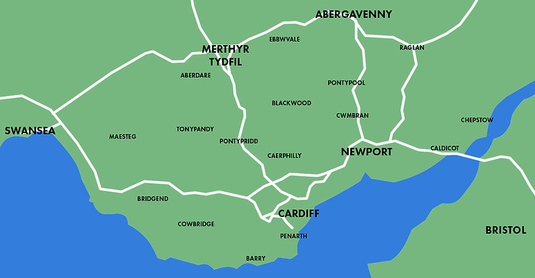 Cardiff Bridgend Newport Swansea Merthyr Tydfil Abergavenny Bristol Bridgend Aberdare Pontypridd Pontypool Cwmbran Chepstow Penarth Barry