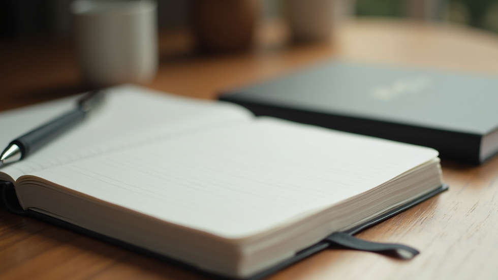 Close-up view of a journal and pen on a wooden desk