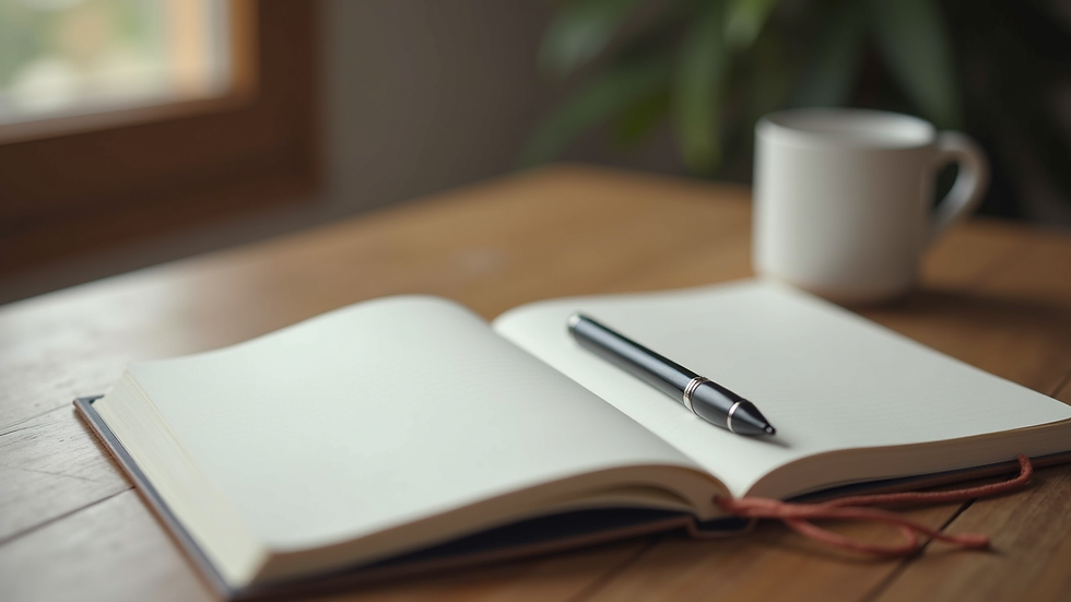 Close-up view of a notebook and pen on a wooden table, symbolizing journaling and reflection