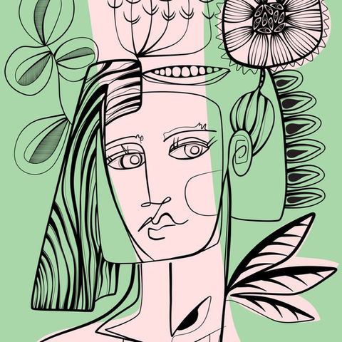 Flora is a digital line illustration of a girl's face surrounded by flowers in pink, green and black