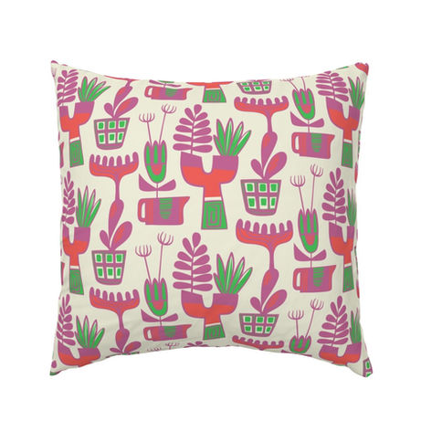 A repeat pattern of quirky pots and plants in pink and green.