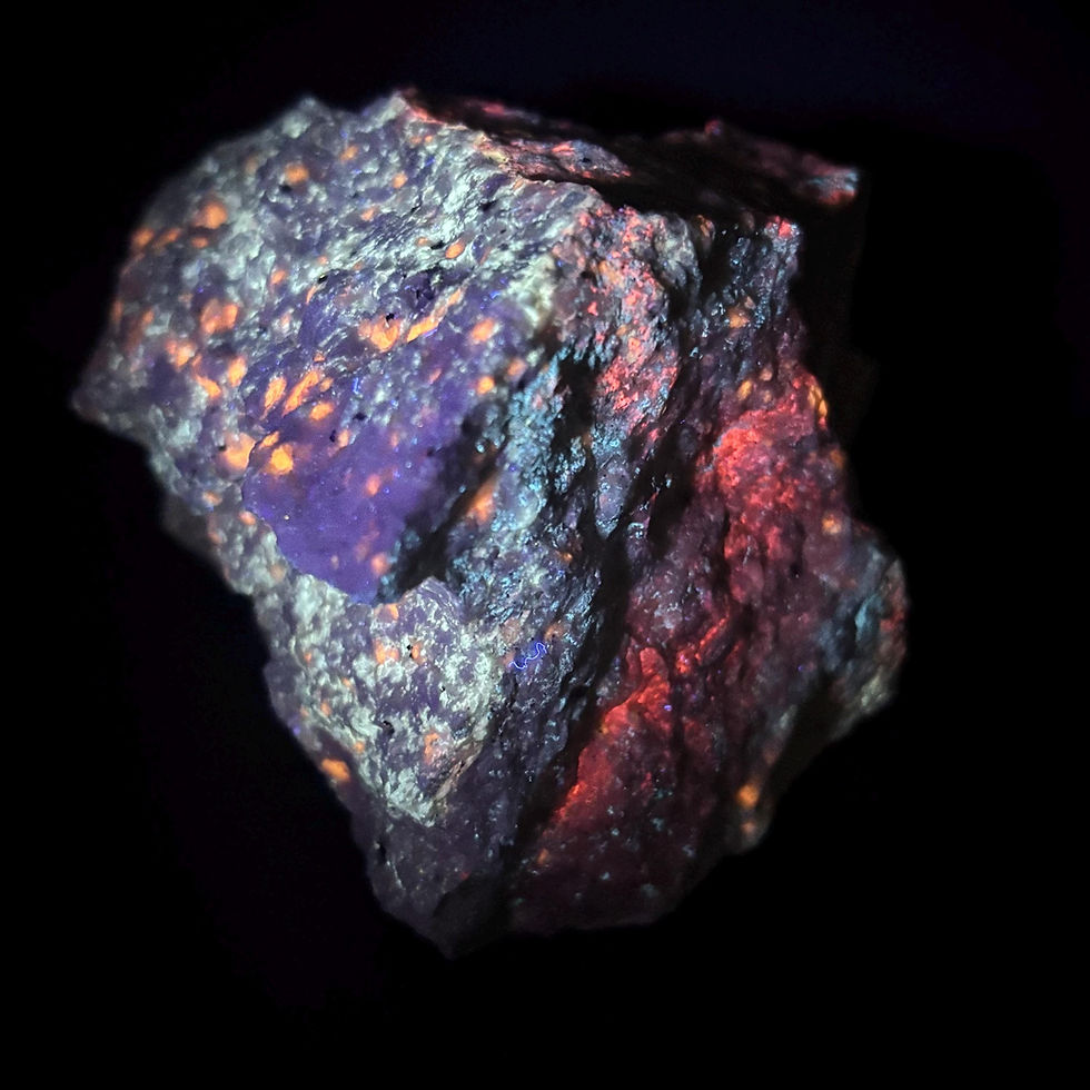 Thumbnail: Fluorescent Minerals, UV Reactive Calcite, Hydrozincite, Sodalite Mineral