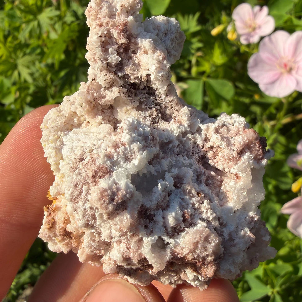 Thumbnail: Mimetite On Calcite Crystal from Chihuahua, Mexico