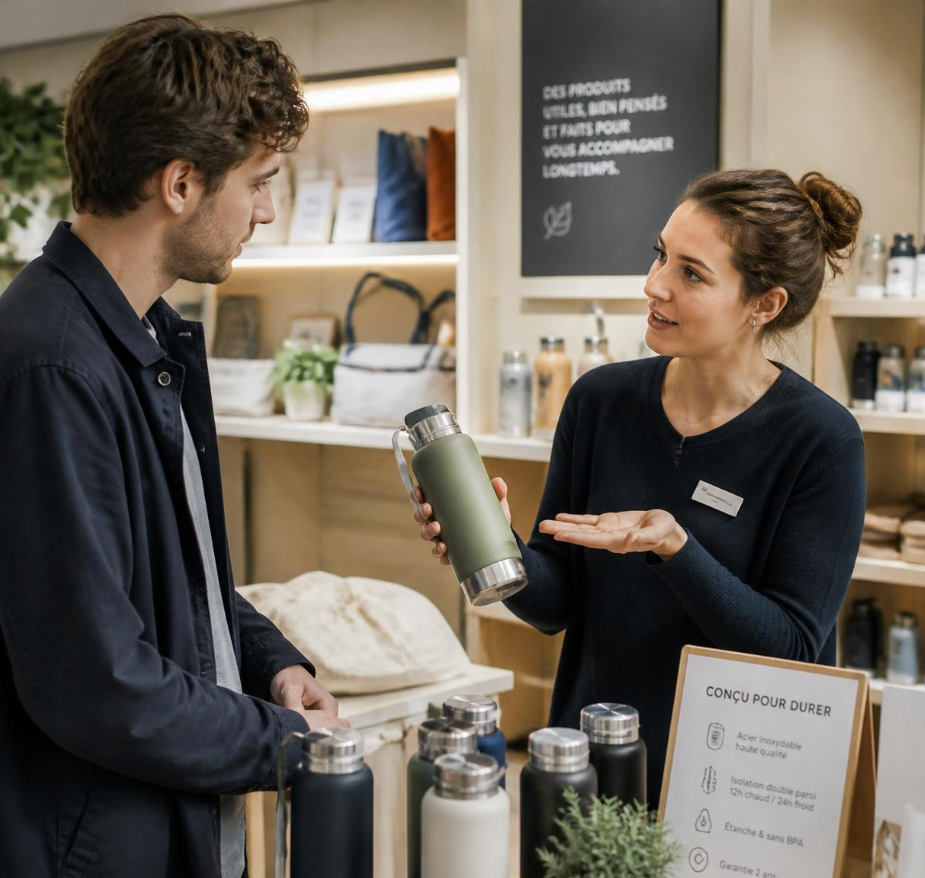 Conseil en boutique : une vendeuse en train de présenter un produit à un client, avec un vrai échange visible plutôt qu'une pose figée devant la caisse.
