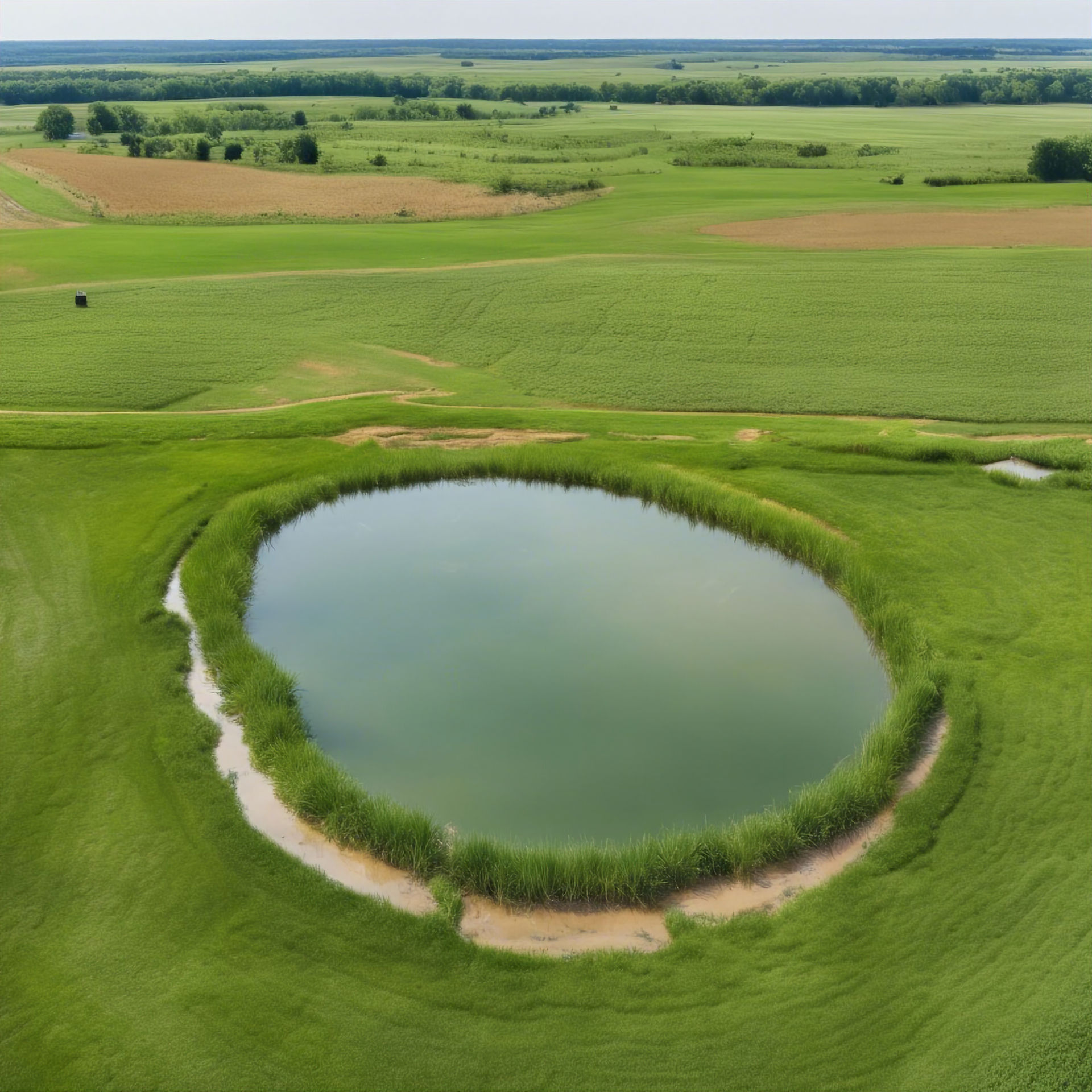 An aerial shot of a perfectly circular, man-made pond surrounded by lush green fields. The pond's clear blue water creates a striking contrast with the vibrant green pastures, exemplifying successful water management in agricultural land development. The carefully maintained grasslands around the pond suggest a well-planned approach to sustainable farming or ranching practices. This image represents the harmony between human-made structures and natural landscapes in Oklahoma's rural areas.
