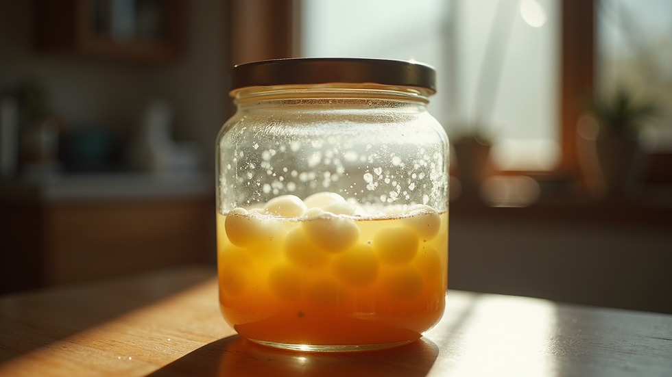 Eye-level view of fermentation jar with makgeolli mixture inside
