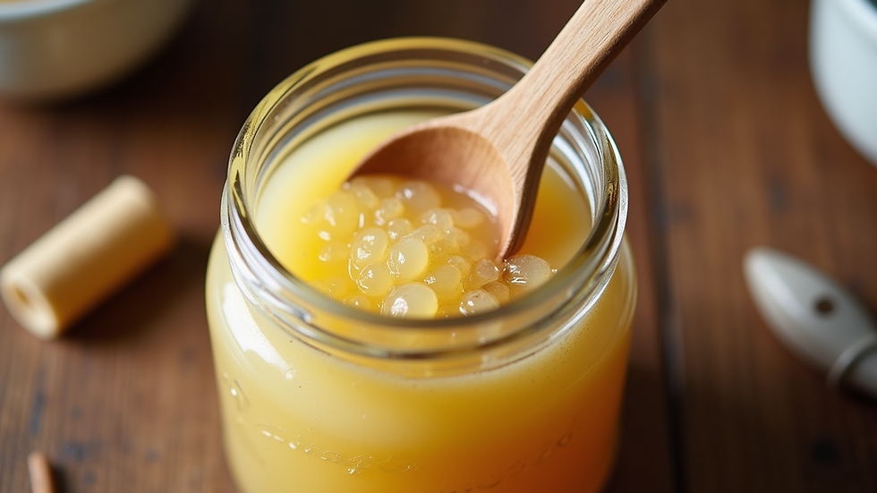 Eye-level view of homemade makgeolli in a glass jar with a wooden spoon