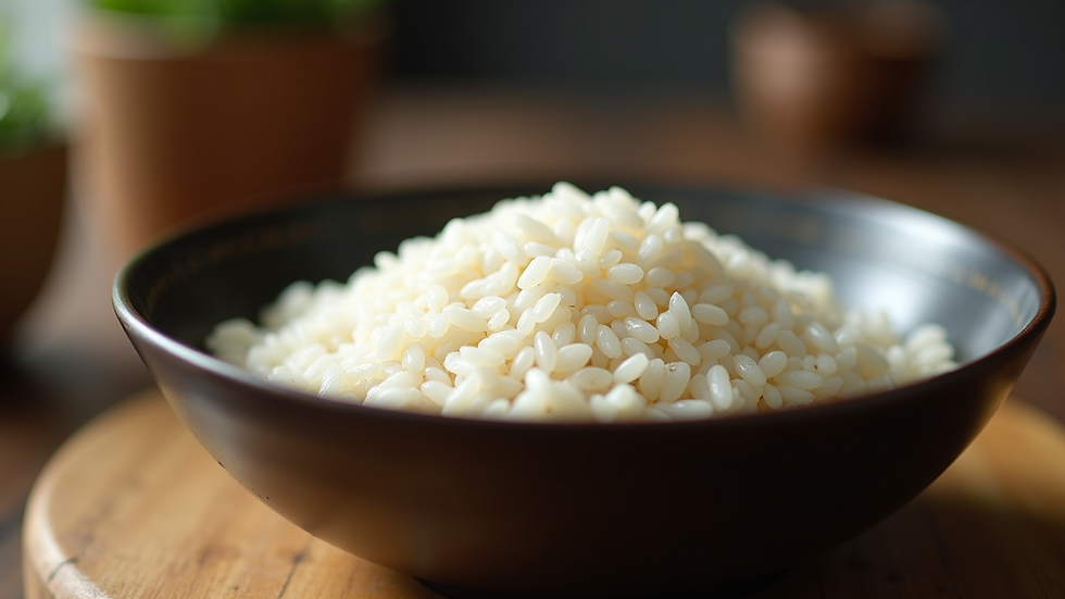 Close-up view of a bowl of short-grain rice ready for fermentation