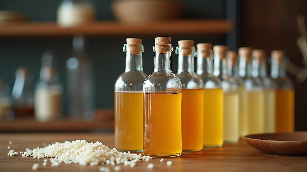 Eye-level view of homemade Korean rice wine in glass bottles on a wooden table