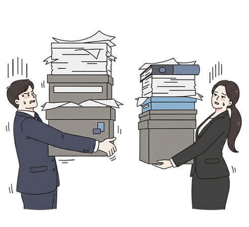 Two lawyers carrying heavy boxes and stacks of paper files representing outdated manual workflows.