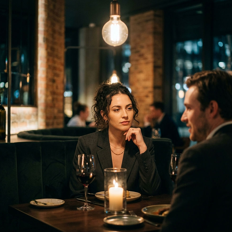 Couple on date with subtle emotional distance and uncertainty