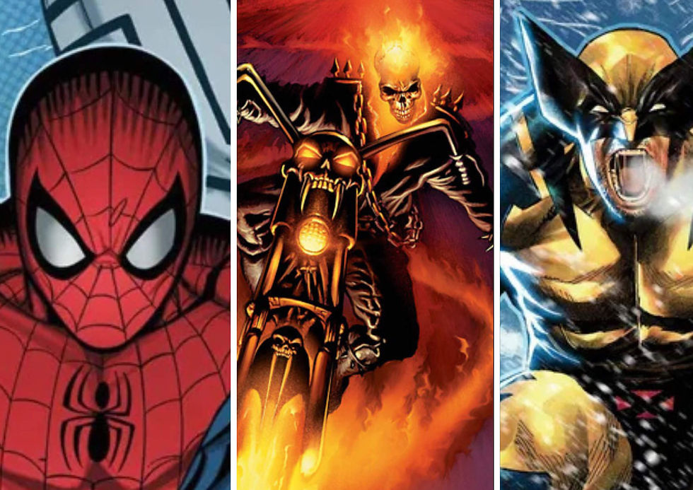 Colagem que reúne o Homem-Aranha, Motoqueiro Fantasma e Wolverine