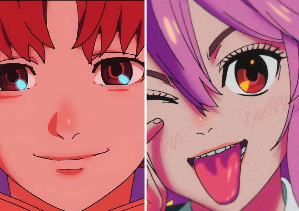 Imagem de dois personagens de anime, Jiji e Aira de Dandadan, um com cabelo vermelho e outro com cabelo rosa, ambos sorrindo e expressando emoções vibrantes em estilo de arte digital.