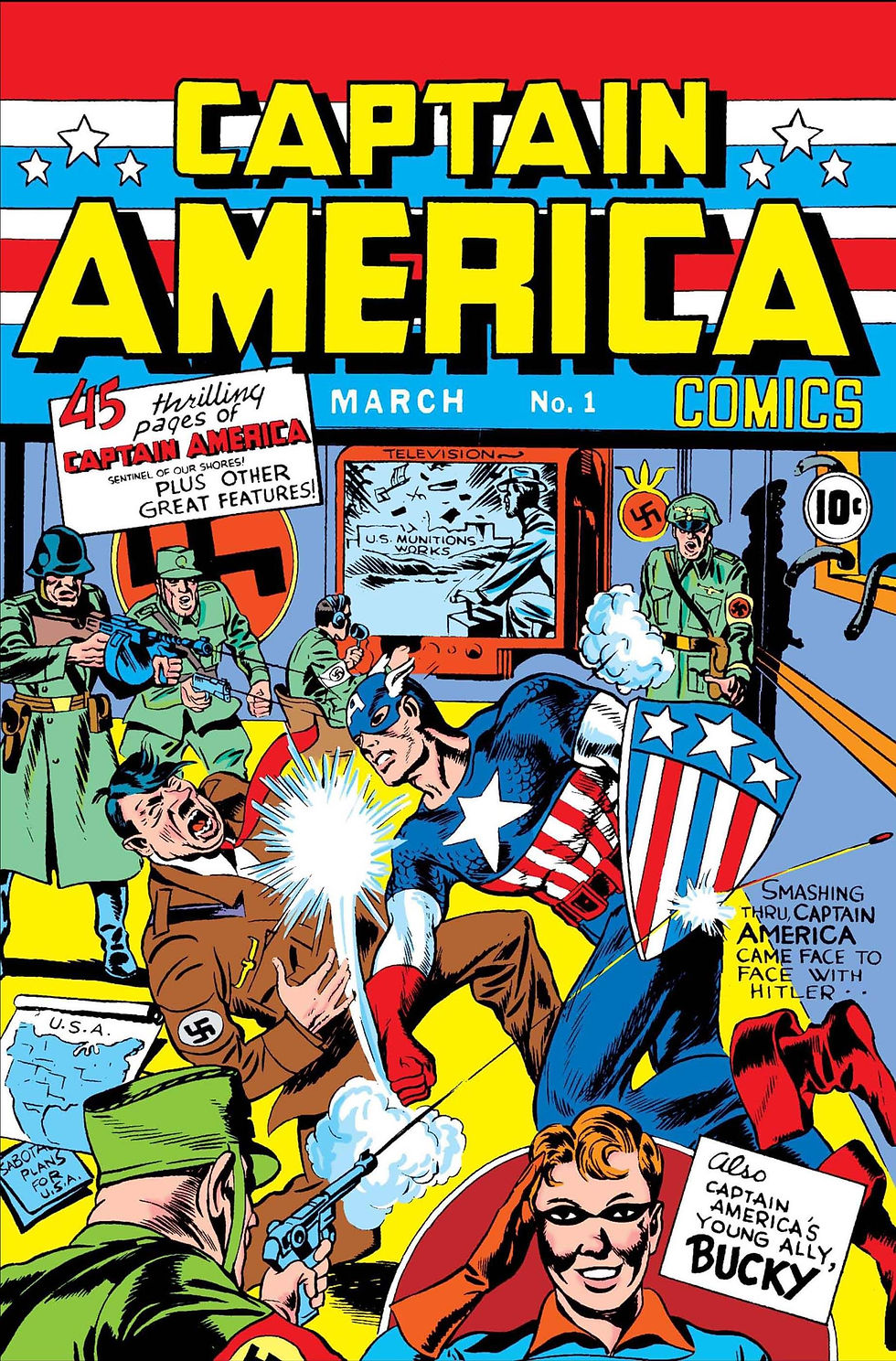 Capa de Captain America Comics #1, onde o Capitão América aparece no meio de uma sala de oficiais nazistas socando Hitler