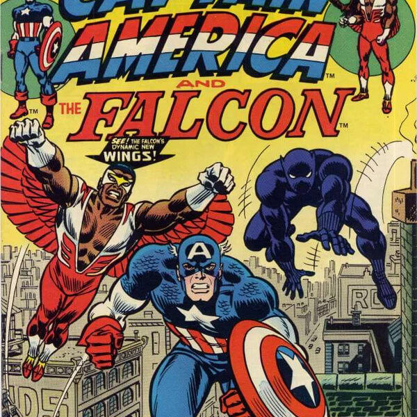 Capa de uma edição do Capitão América, onde o mesmo aparece ao lado do Falcão e do Pantera Negra, pulando pelos arranha céus de Nova York