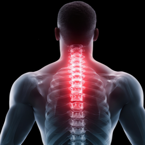 A glowing red spine is highlighted in an X-ray on a person's back against a black background, suggesting pain or medical focus.