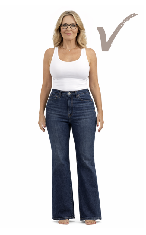 A hourglass woman smiling stands in high rise bootcut jeans