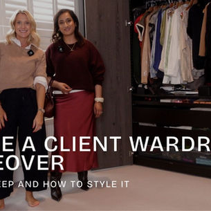 Two women stand in a closet beside open wardrobe doors; text reads Inside a client wardrobe makeover.