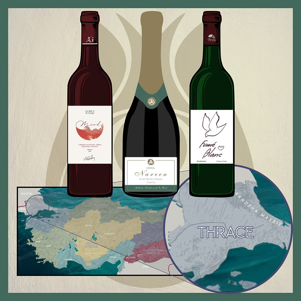 three wine bottles over a map of Turkey focusing on Thrace
