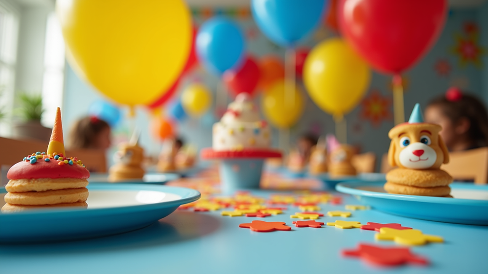Eye-level view of a colourful Paw Patrol themed party table with balloons and plates
