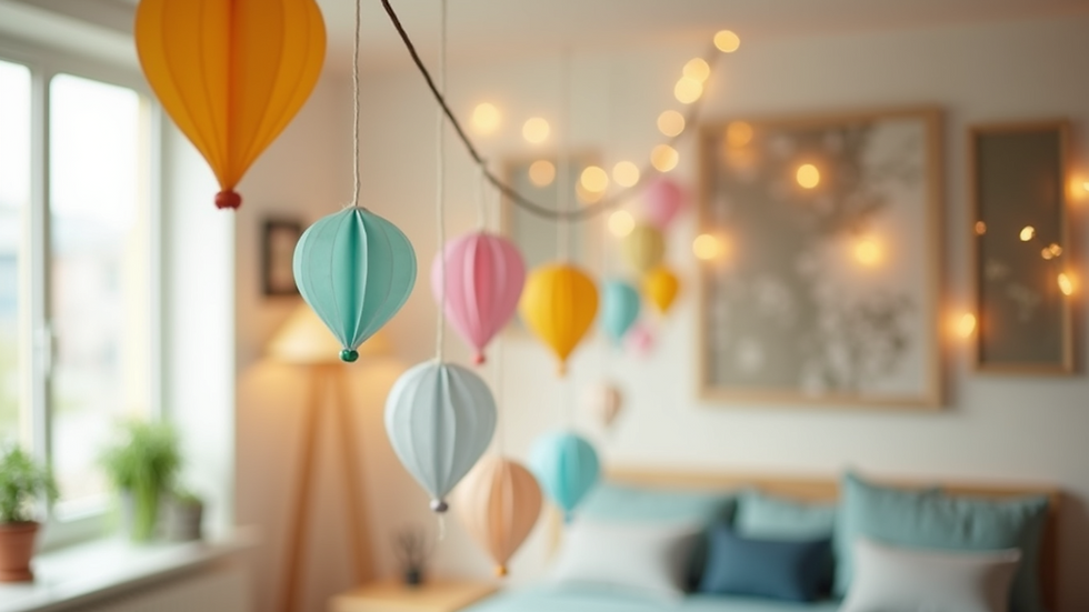 Close-up view of DIY paper garlands hanging from the ceiling