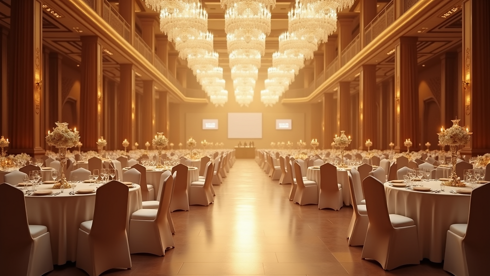 Eye-level view of a spacious banquet hall ready for a large celebration