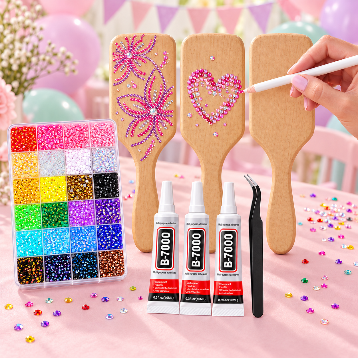 DIY Wooden Hairbrush Bedazzling Kit – Craft Party Set for 3