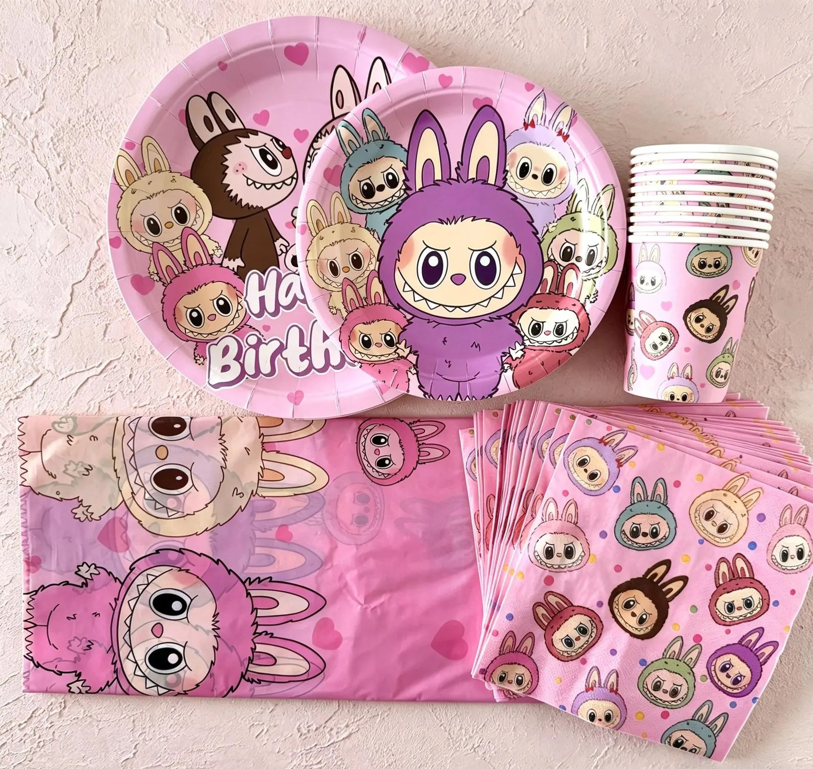 Trending Labubu Birthday Party Decoration Tableware Set Plate Cup Napkin