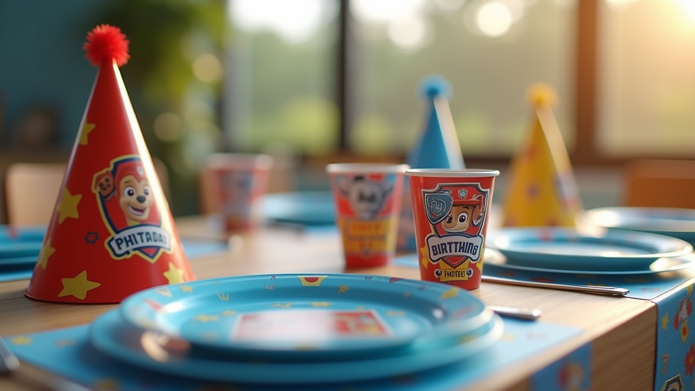 Close-up view of a Paw Patrol themed birthday table setup with plates, cups, and party hats