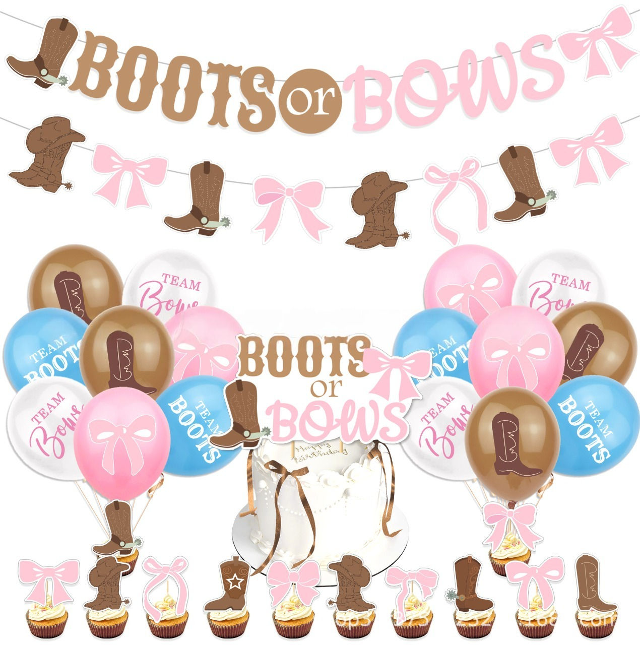 Boots or Bows Gender Reveal Party Decoration Set Banner Cake Topper Balloon