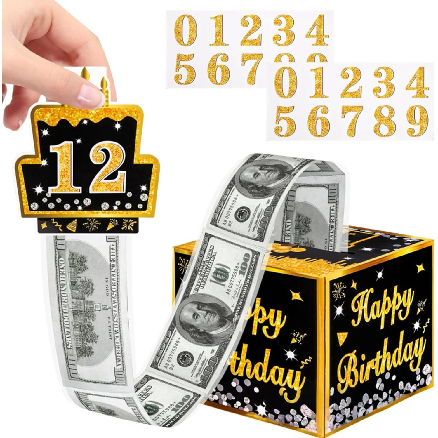 Age Number Customization Drawout Surprise Birthday Money Gift Box - Black Gold