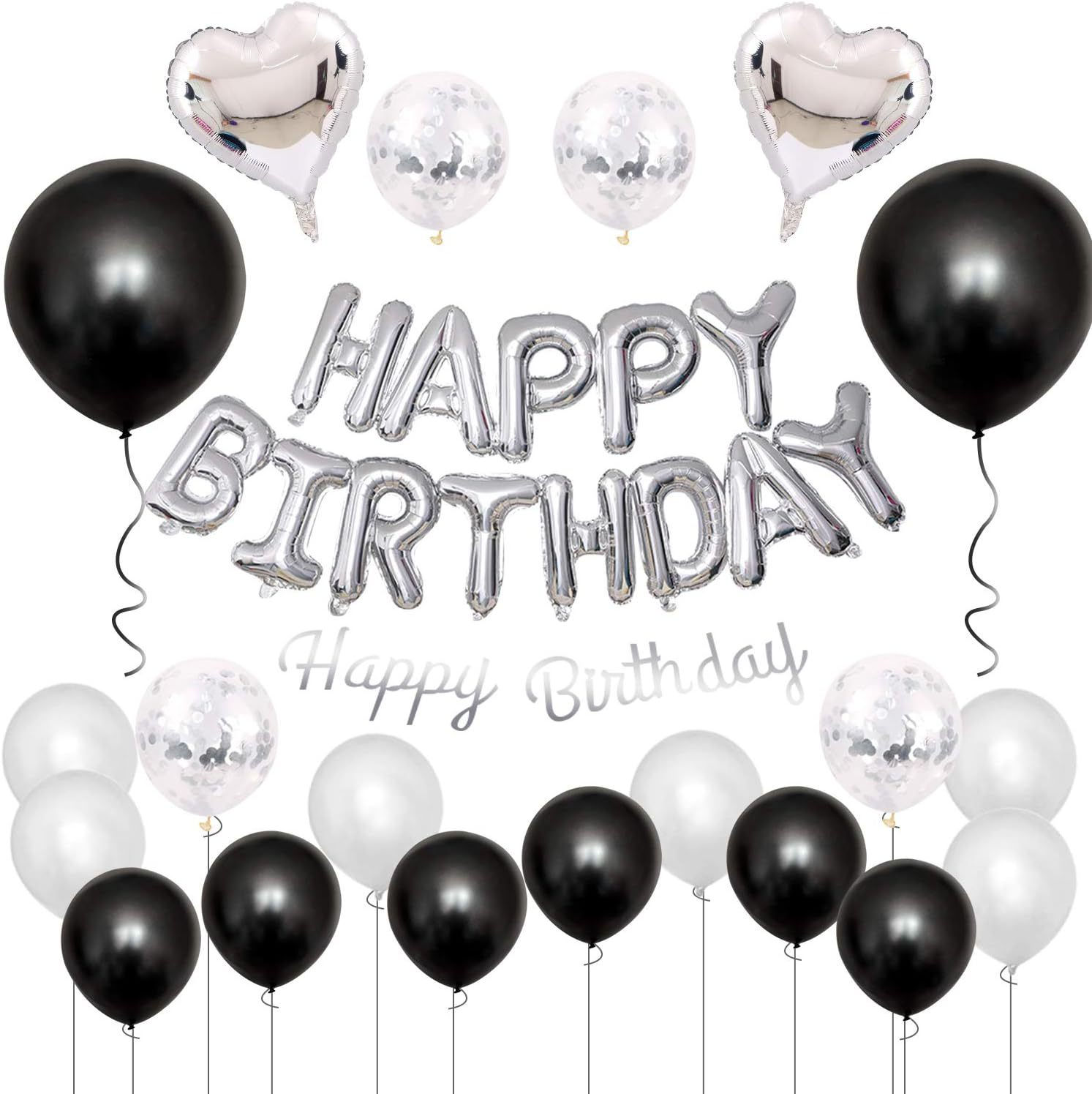 Black Silver Happy Birthday Foil Balloon Banner Balloon Kit Easy DIY Party