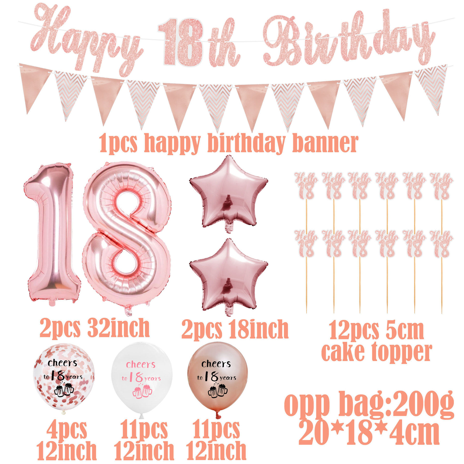 Happy 18th Birthday Party Rose Gold Balloon Set