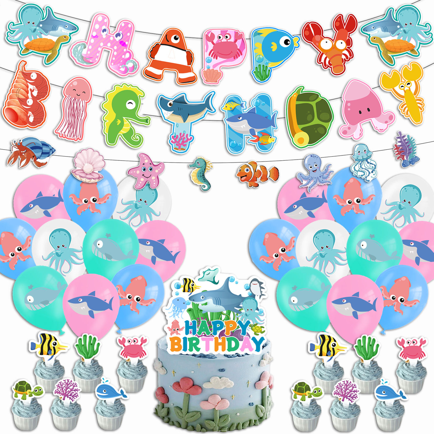 Under the Sea Birthday Balloon Party Cupcake Topper Banner