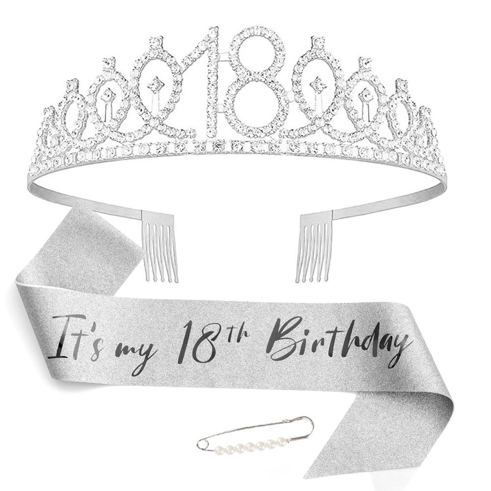 Silver Glitter Sash and Crown for 18th Birthday Party Decoration