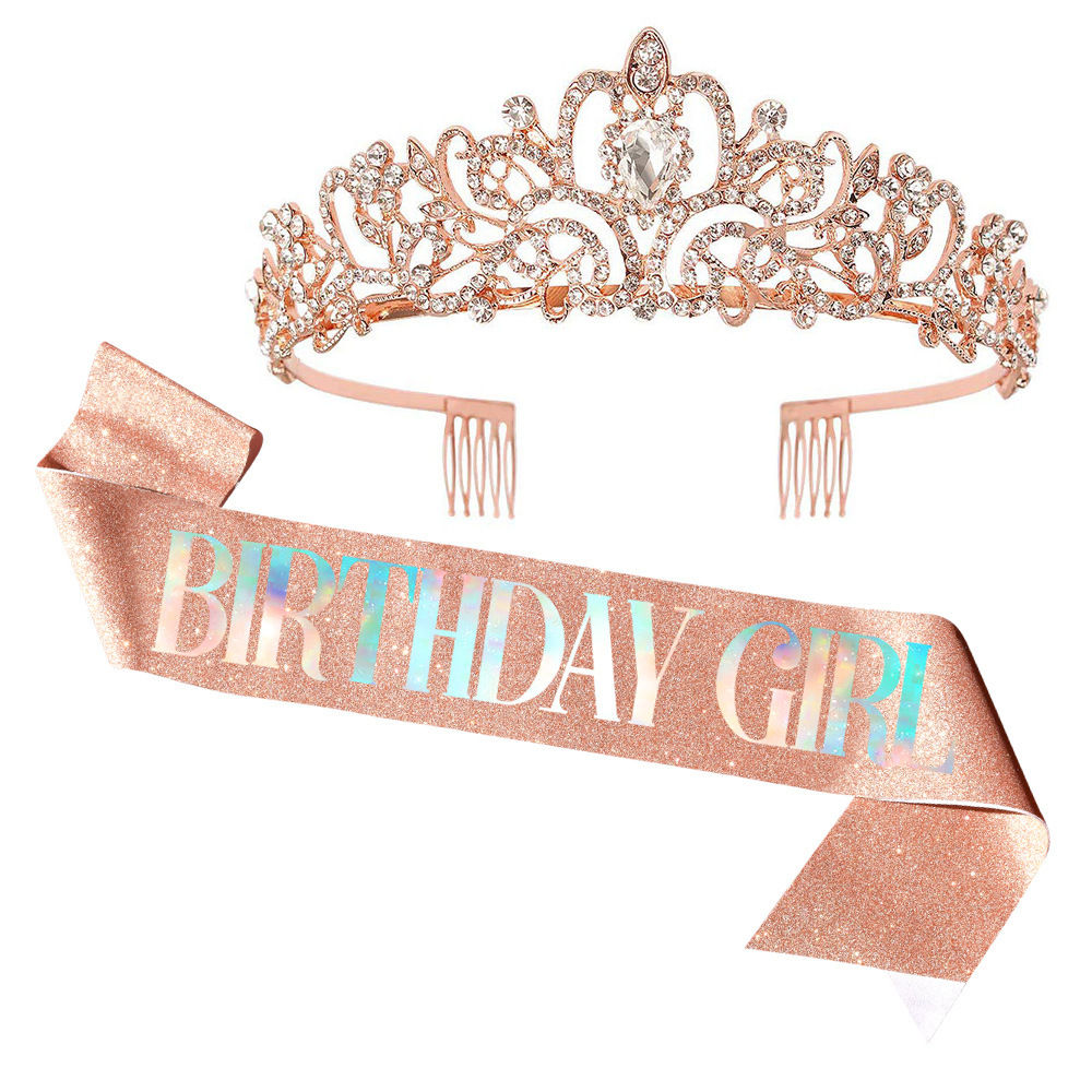 Birthday Girl Glittery Rose Gold Sash and Crown